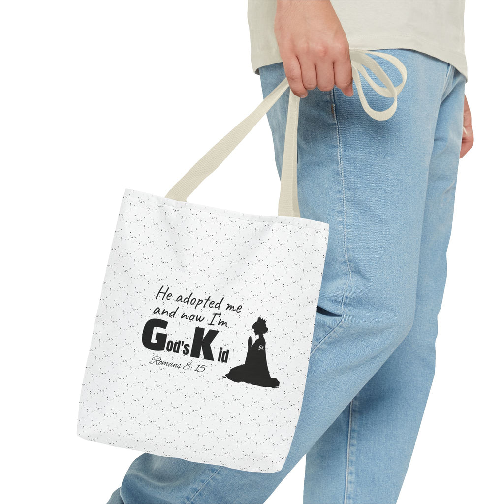 Christian Adoption Tote Bag — "He adopted me and now I'm God's Kid" Inspirational Canvas Tote